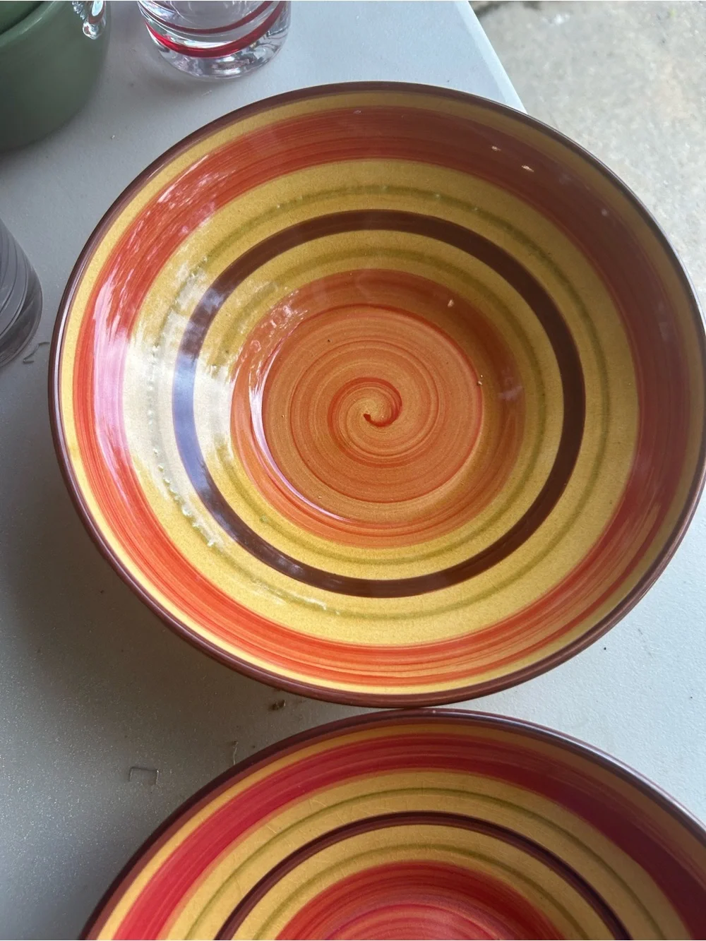 Crate & Barrel Ceramic Individual Pasta Bowls Red, Yellow & Brown Bands Set of 2